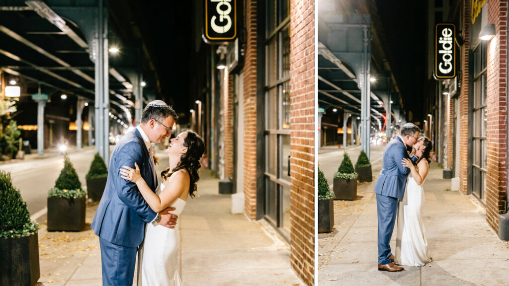 bride & groom night portraits outside of Goldie restaurant in Fishtown