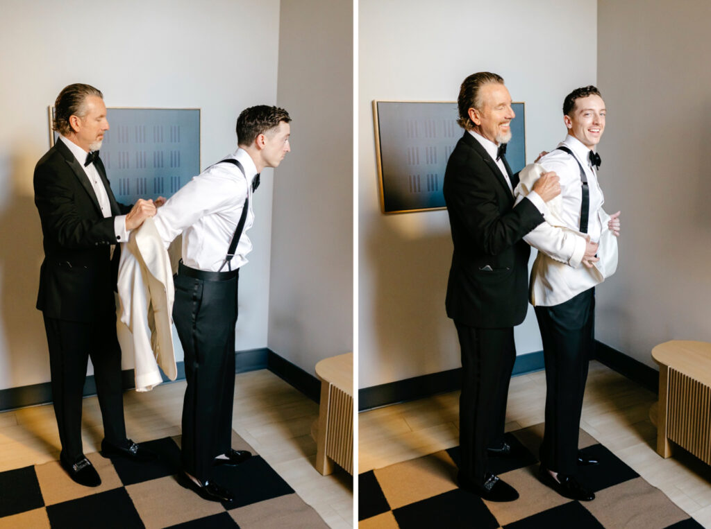 groom getting ready with his wedding day with his father