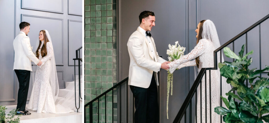 bride and grooms first look at their Cescaphe wedding