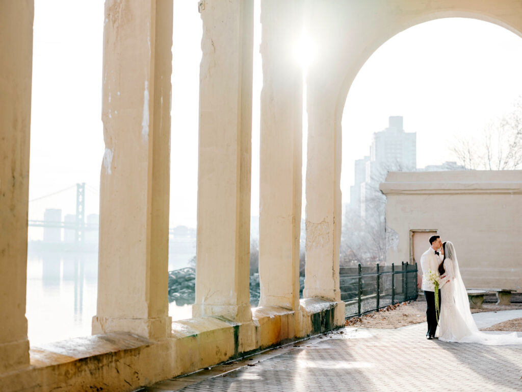 bride and groom golden hour wedding portraits at the Switch House in Philadelphia