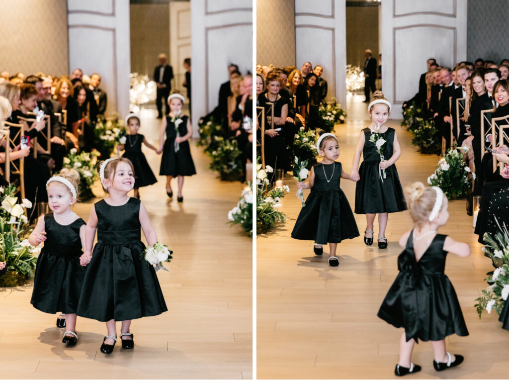 flower girls walking down the aisle at Philadelphia wedding ceremony by Emily Wren Photography