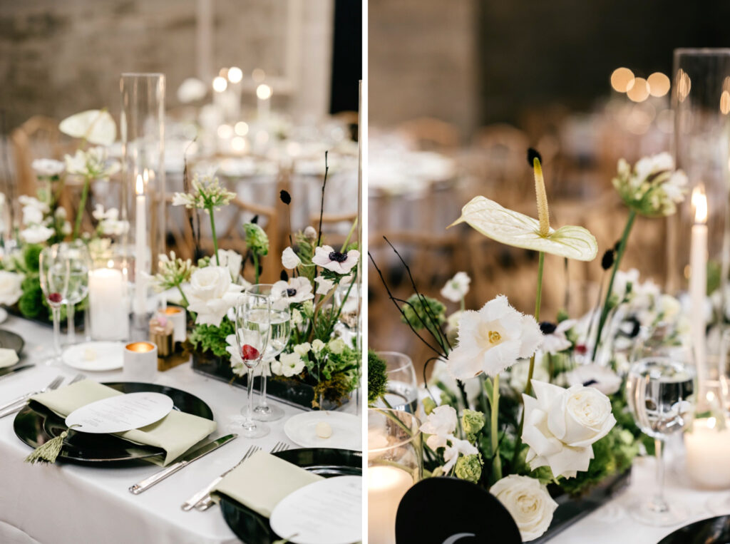 all white floral tablescape at Cescaphe wedding reception