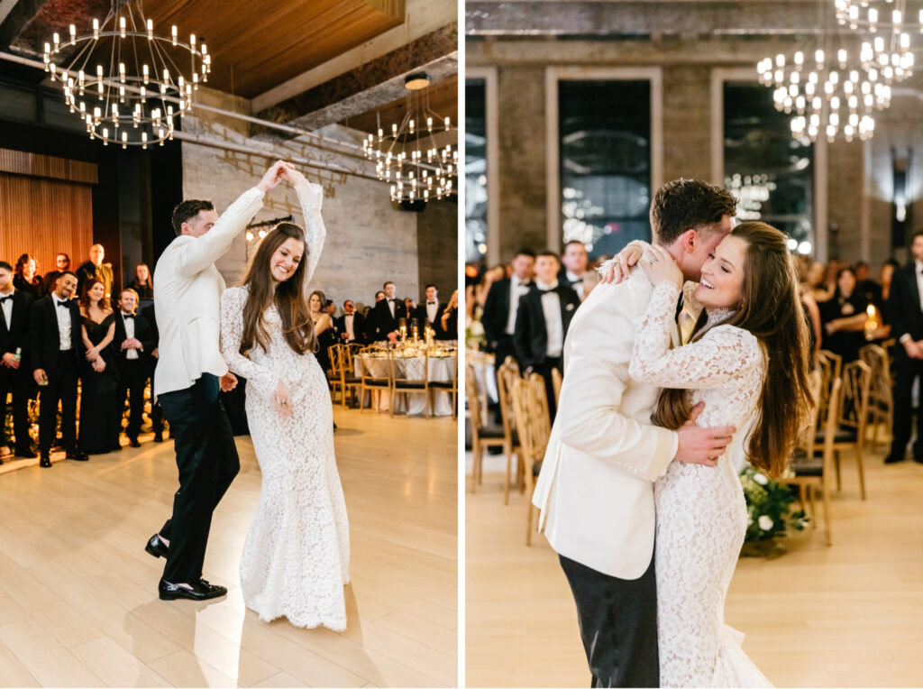 bride and grooms first dance at their winter reception at Cescaphe's The Switch House