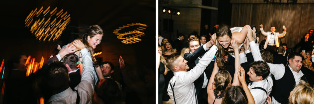 Philadelphia bride crowdsurfing at her wedding reception by Emily Wren Photography