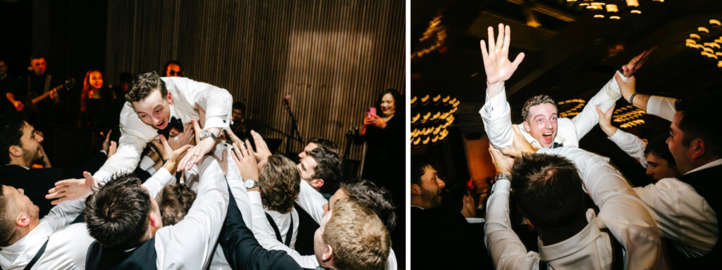 Philadelphia groom crowdsurfing at Cescaphe wedding reception