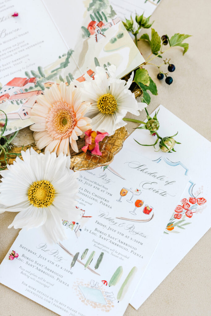 summer watercolor wedding invitational suite and itinerary by Emily Wren Photography