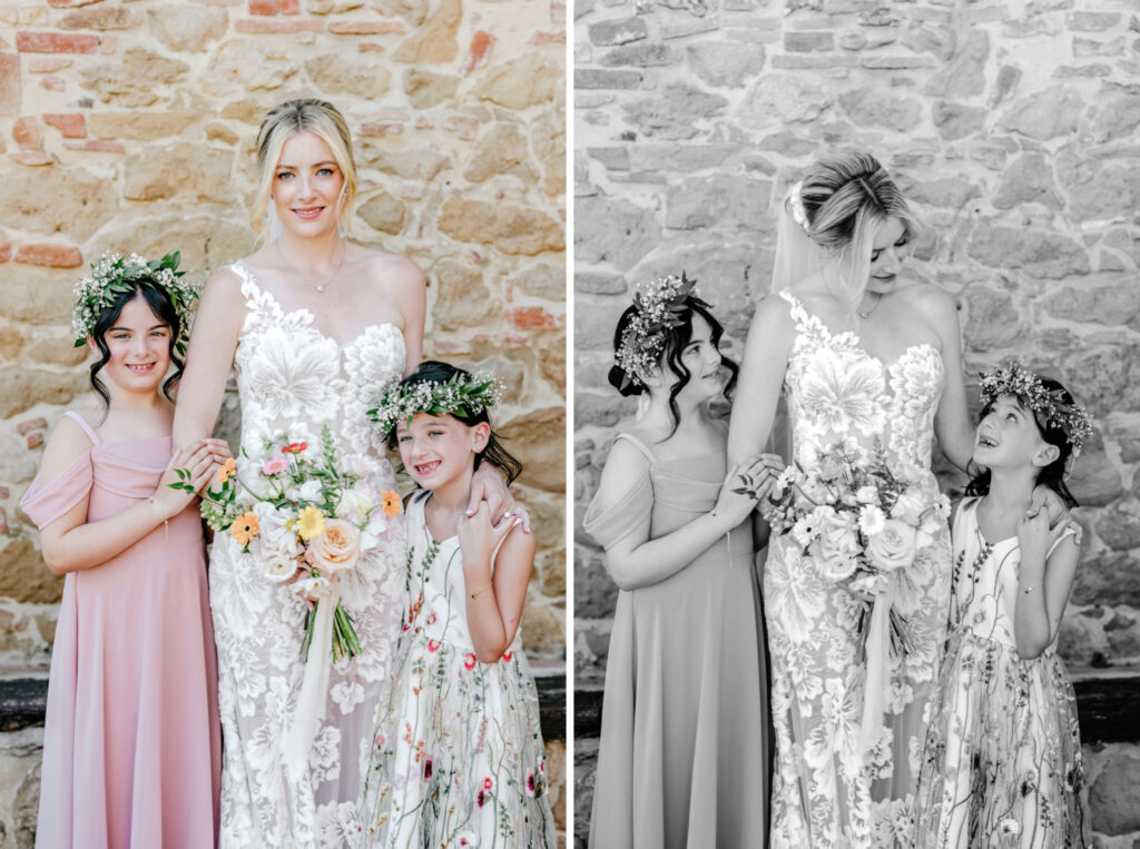 bride with flower girls by luxury wedding photographer Emily Wren Photography