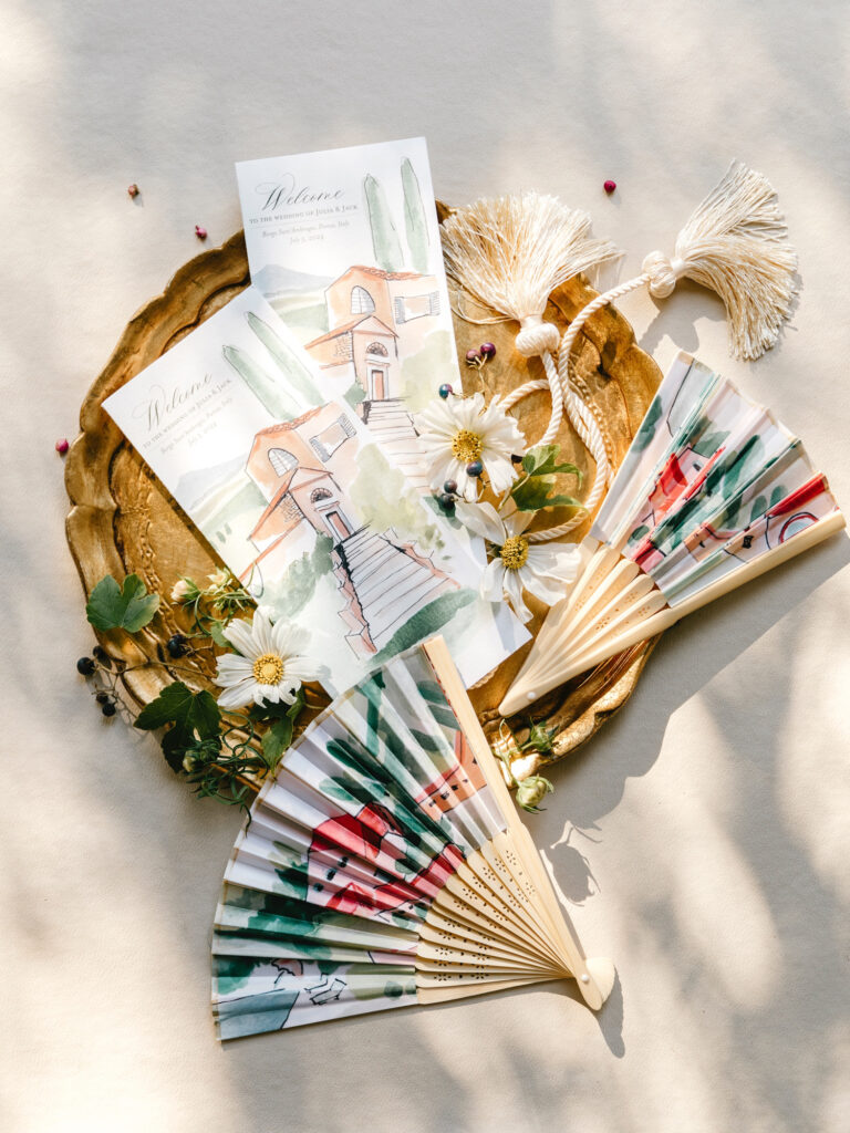 wedding brochure and fans for summer wedding day by Emily Wren Photography