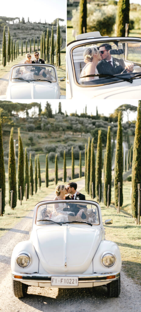 bride and groom portrait session in a vintage car on their Italian wedding day by Emily Wren Photography