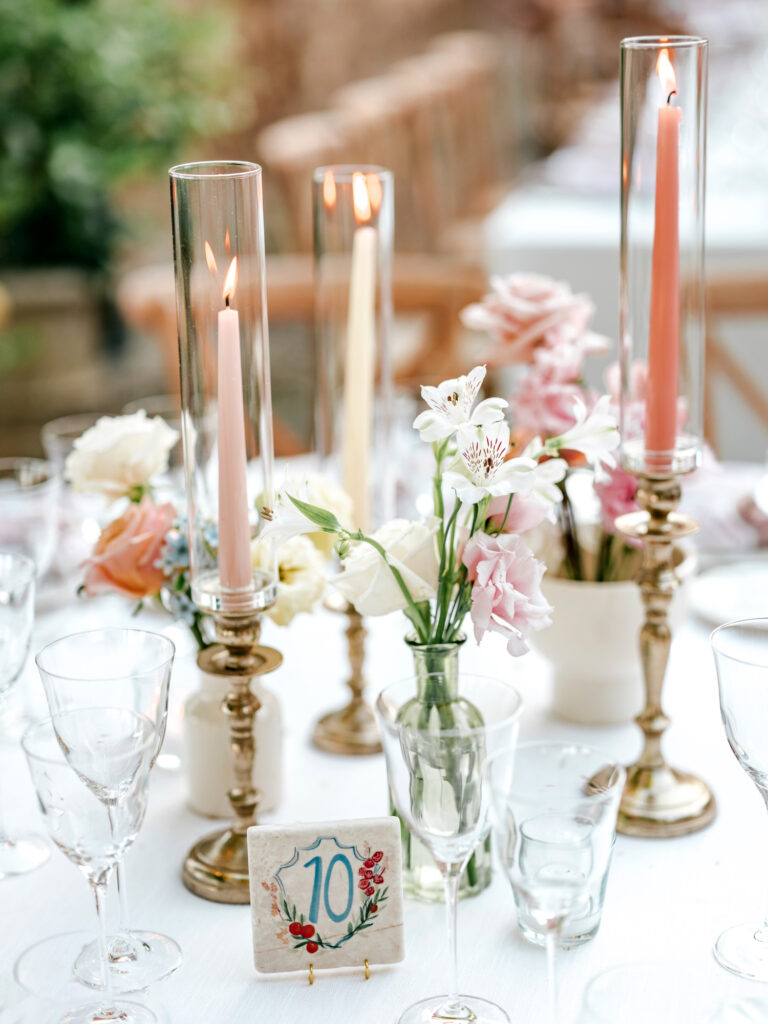 summer pink, coral and white wedding reception tablescape