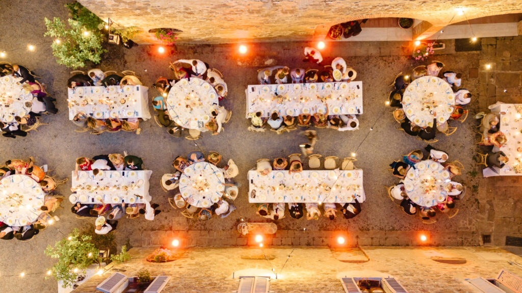 Borgo Sant'Ambrogio wedding reception drone photo by Emily Wren Photography