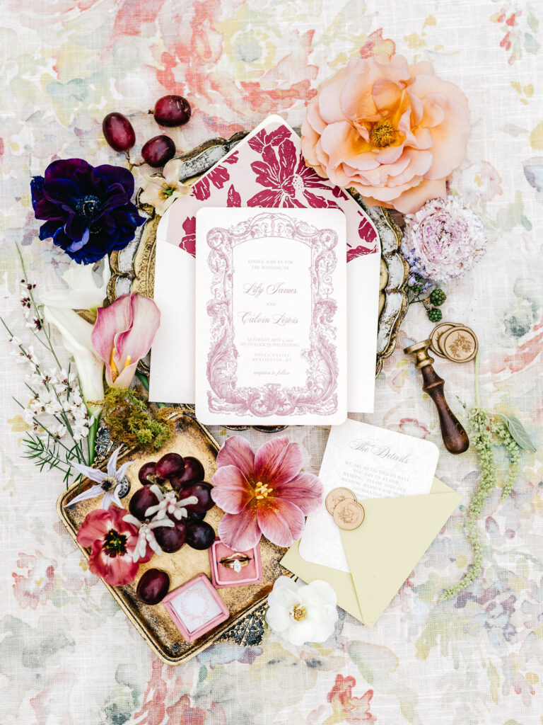 purple & white vintage style wedding invitational suite by Emily Wren Photography