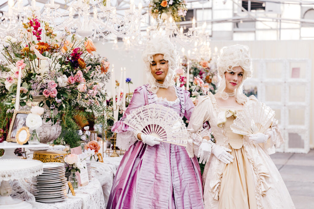 Victorian Era performers and models at a spring Philadelphia wedding at the Horticultural Center