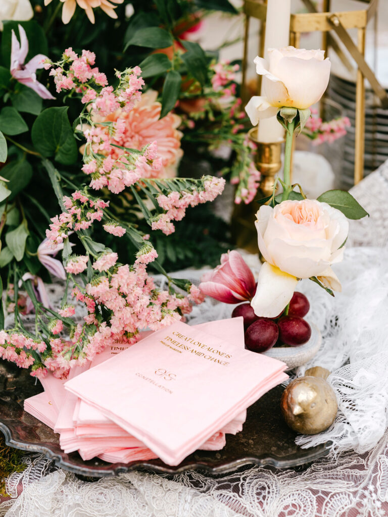 pink cocktail hour napkins for spring wedding