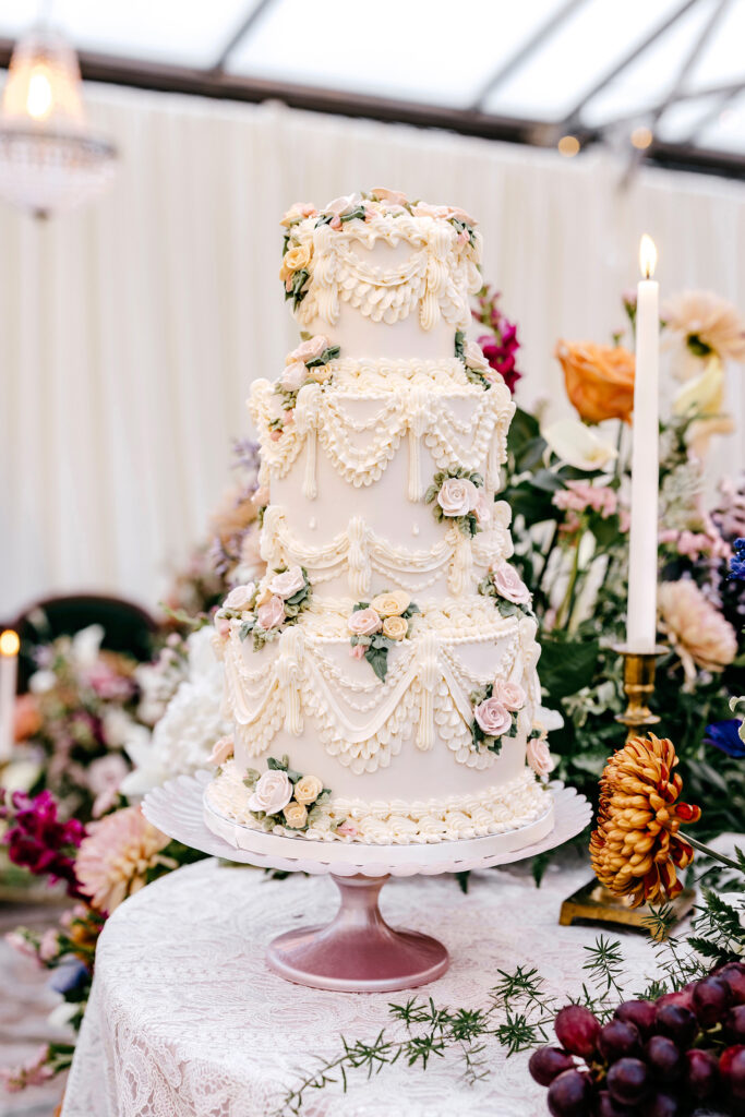 Vintage inspired 3 tier wedding cake at Spring wedding from New June Bakery in Philadelphia