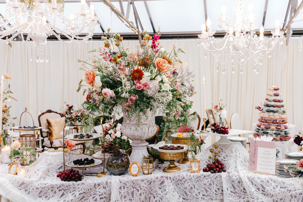 dessert table layout at colorful spring wedding in Philadelphia at the Horticulture Center by Emily Wren Photography