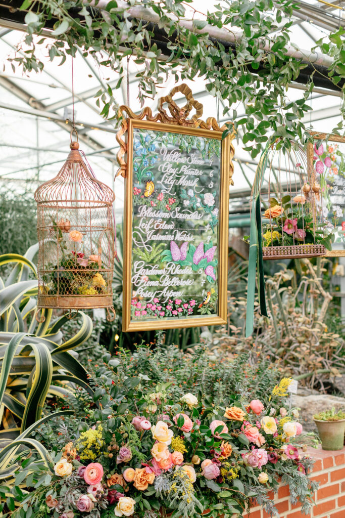 mirror welcome signs and seating chart for spring Philadelphia wedding reception