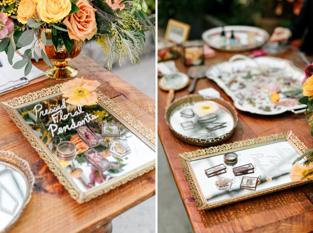 pressed floral pendants at spring wedding reception