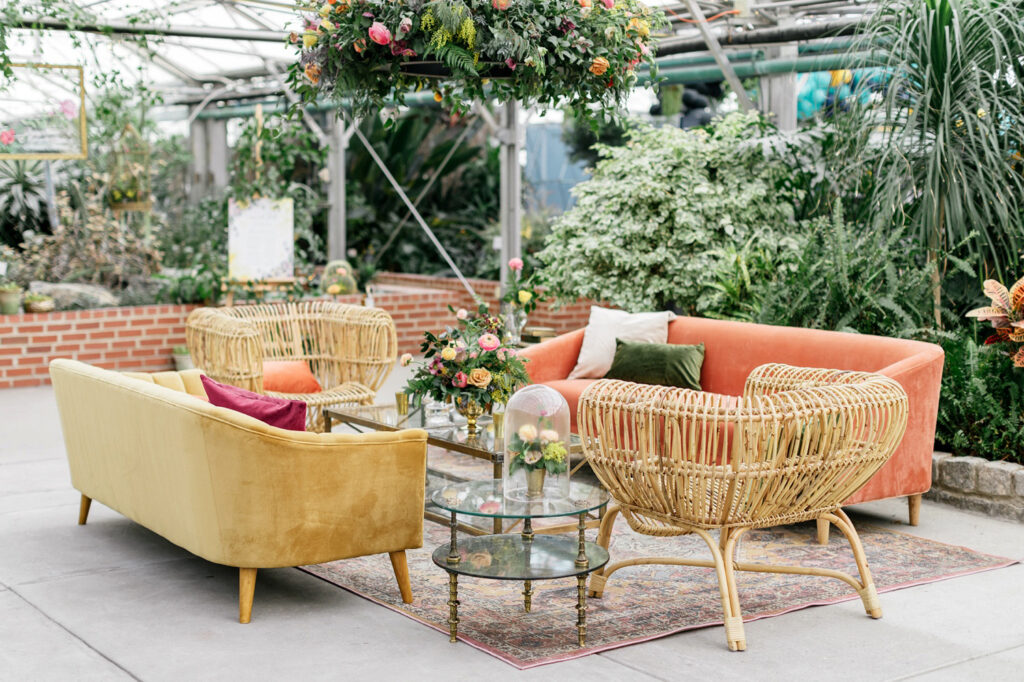 bohemian cocktail hour seating area by Philadelphia wedding photographer Emily Wren Photography