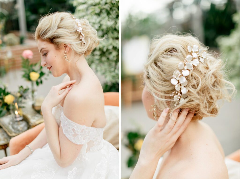 bohemian bridal hair up-do at garden inspired Philadelphia wedding