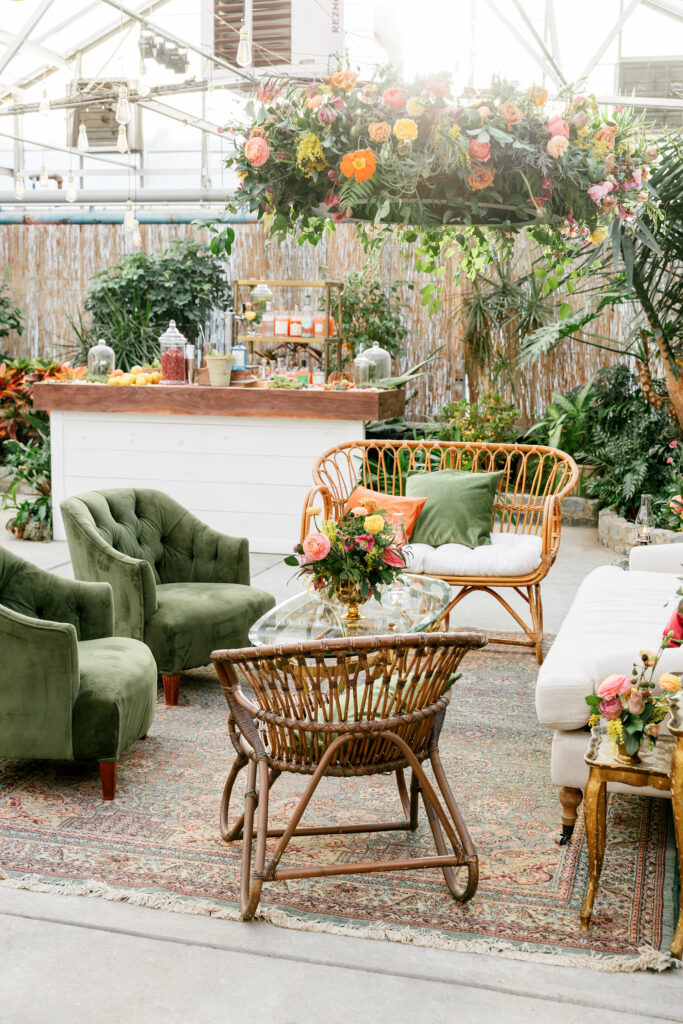 spring bohemian cocktail hour seating area at Fairmount Park's Horticultural Center