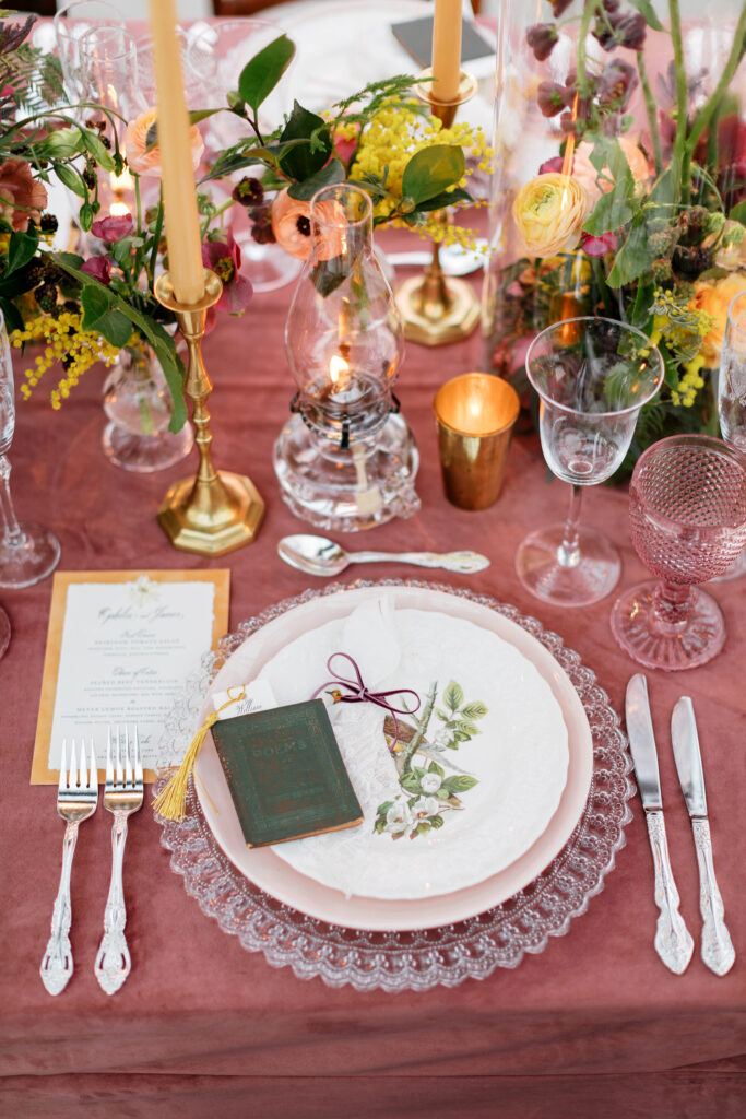 pink and peach spring wedding reception table setting at Philadelphia wedding at Horticultural Center