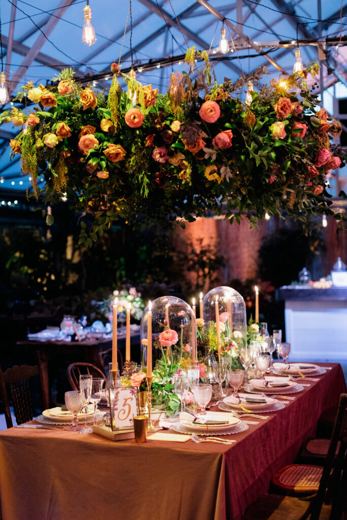 beauty and the beast, garden themed wedding reception decor by Emily Wren Photography
