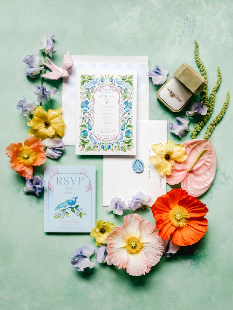 Green and Blue spring wedding invitational suite by Emily Wren Photography