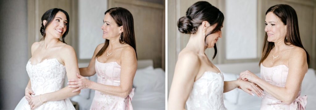 Philly bride getting ready for her spring cescaphe wedding day with her mother by Emily Wren Photography