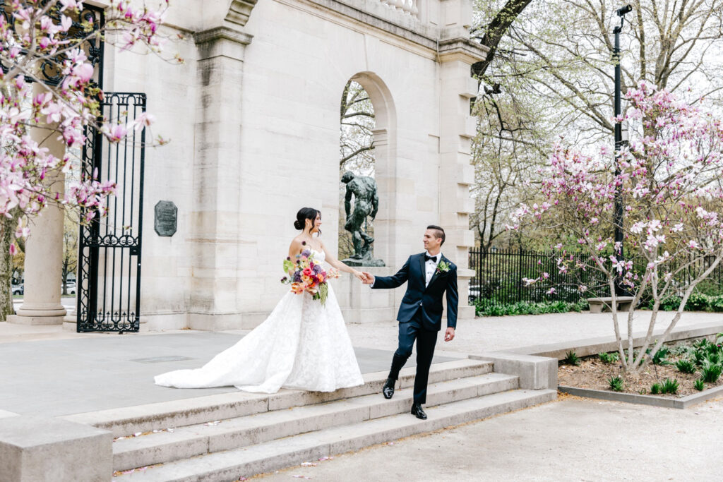 Cherry blossom wedding day portraits at the Rodin Musuem by Philadelphia wedding photographer Emily Wren Photography