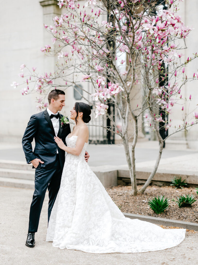 perfect spring Philadelphia wedding day portrait at the Rodin Museum