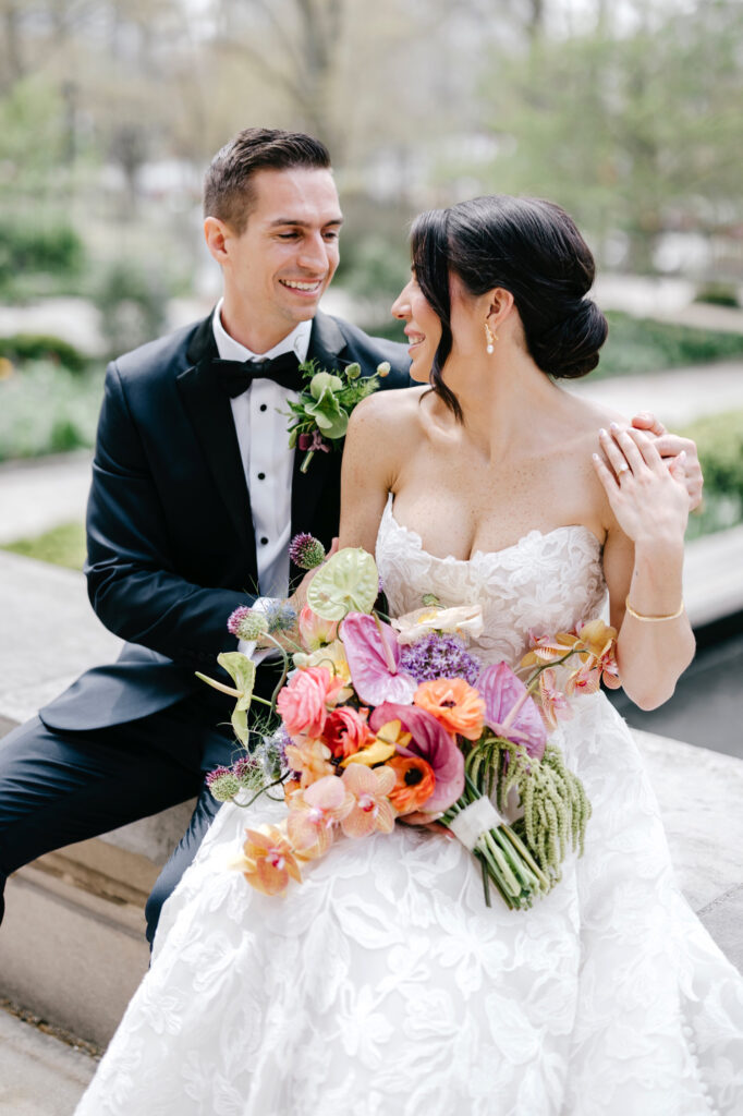 Portraits of bride and groom on their spring wedding day at the Rodin Museum in Philadelphia
