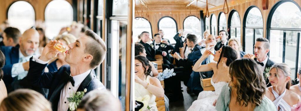 bride & groom taking shots on the Cescaphe trolley on the way to their Philadelphia wedding ceremony