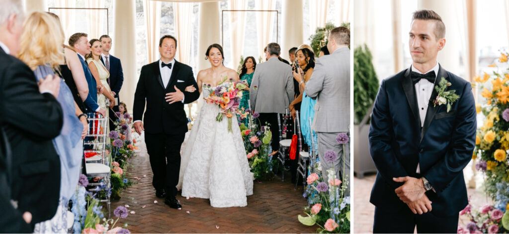 Philadelphia bride walking down the aisle at her Cescaphe wedding ceremony at Water Works