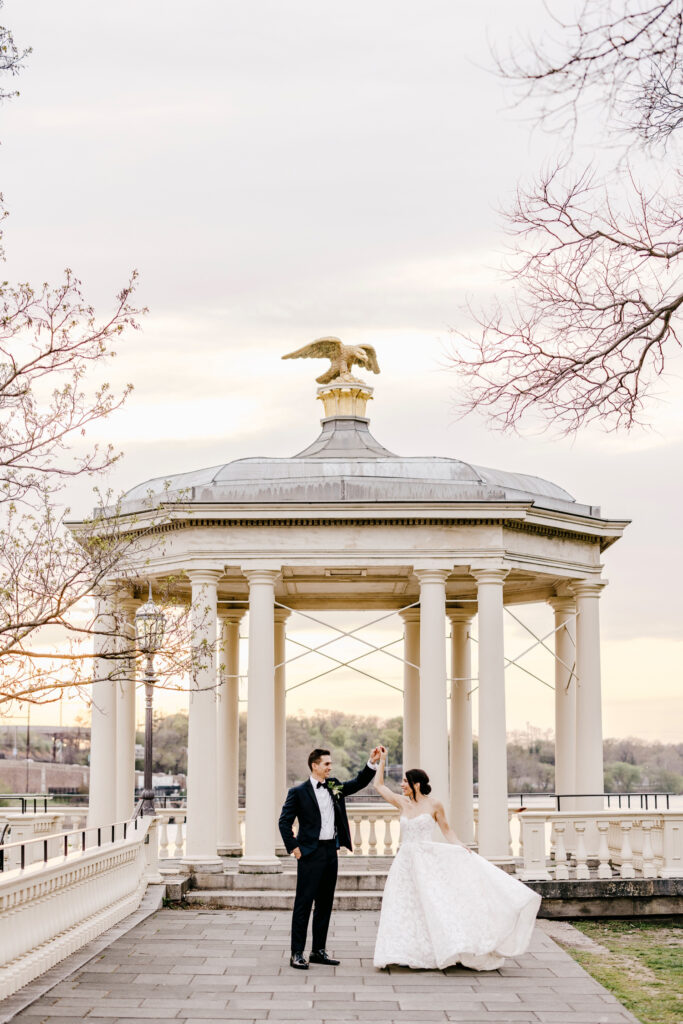 spring wedding day portrait of bride & groom at Philadelphia Water Works gazebo