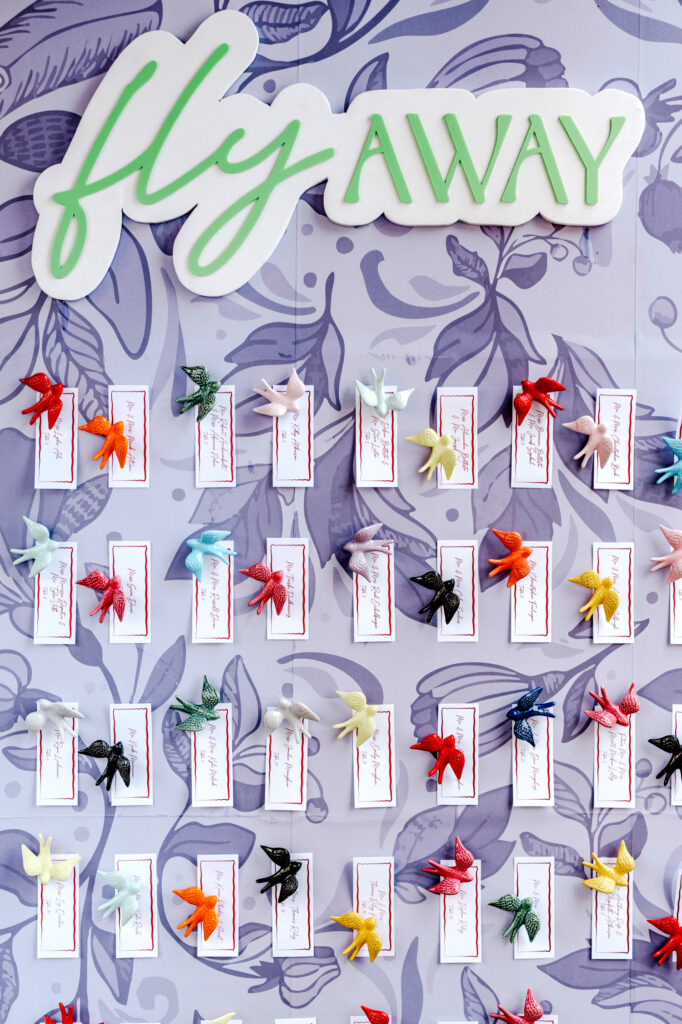 Fly Away, bird-themed, wedding reception seating chart