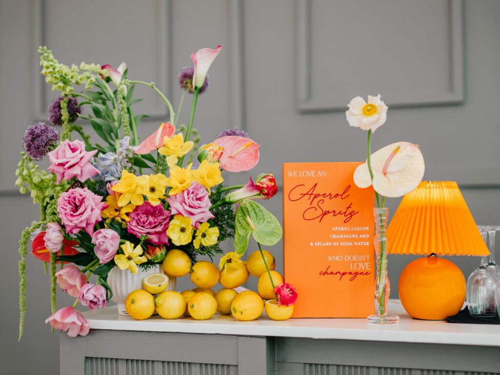 colorful and vibrant wedding reception bar for spring wedding