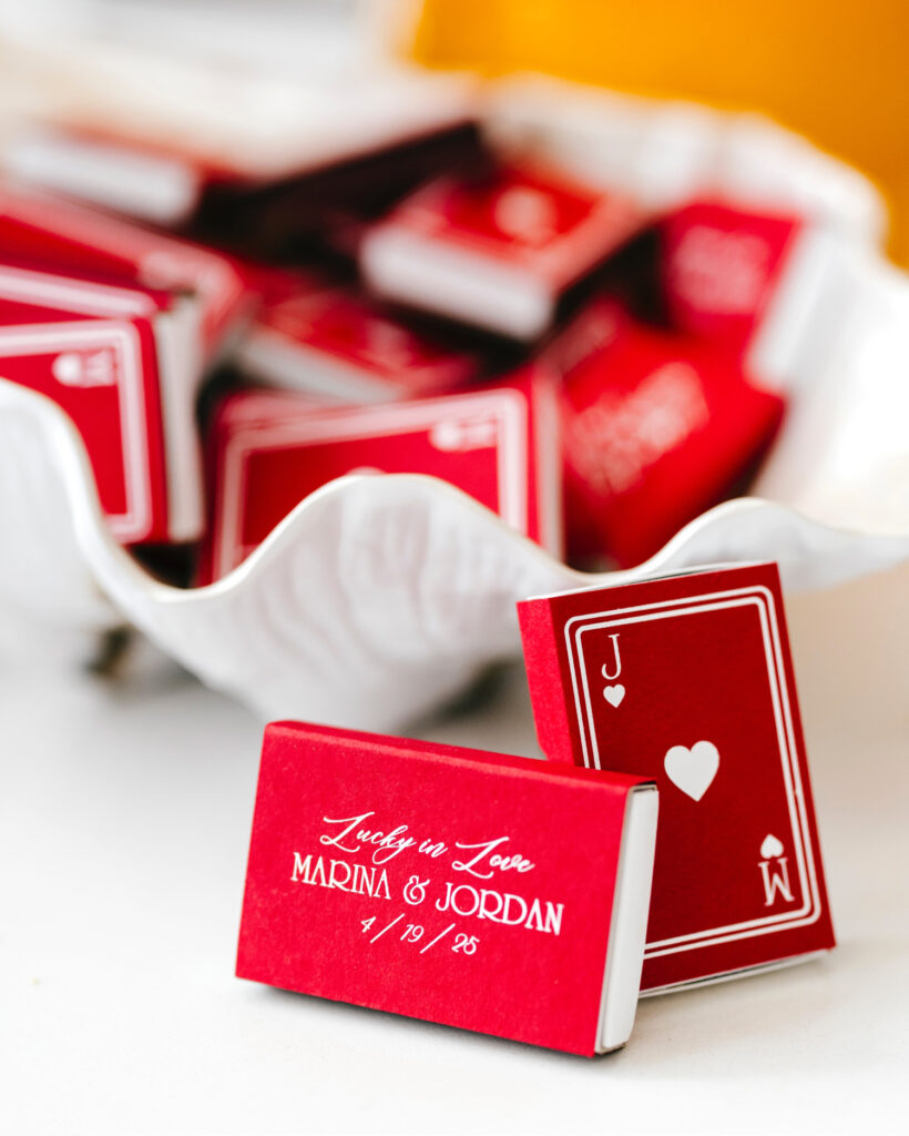 Lucky in Love matchbooks at unique wedding reception