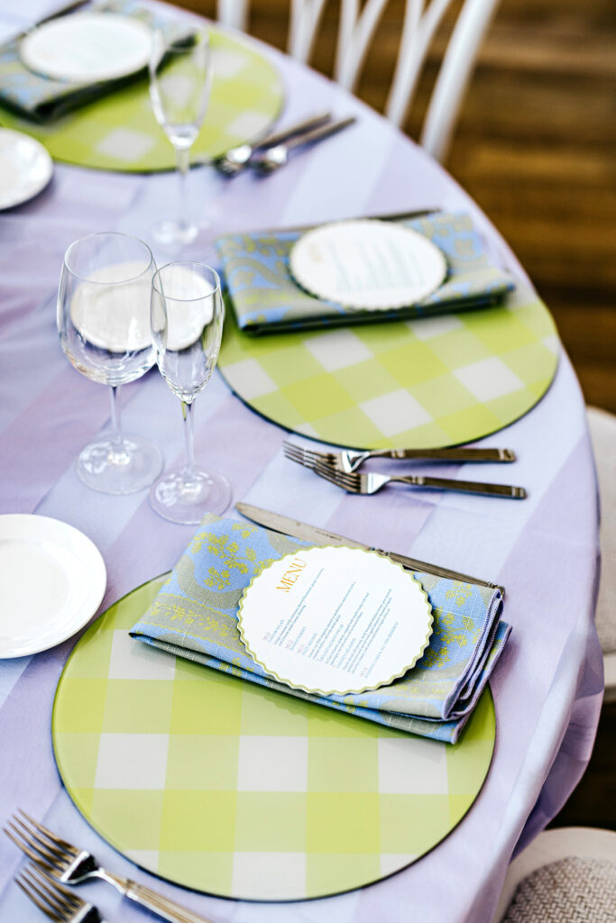 green and blue wedding reception placemats and menus by Emily Wren Photography