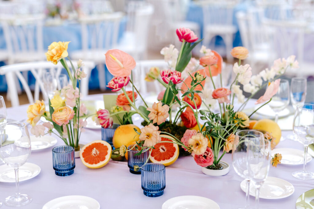 colorful and citrus-inspired wedding reception tablescape and decor by Emily Wren Photography