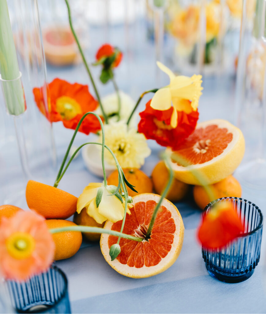 citrus-inspired wedding reception decor for colorful spring wedding