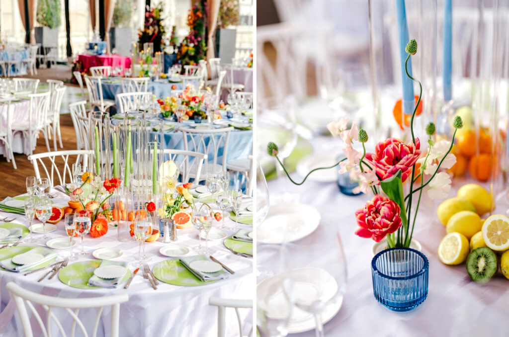 vibrant and unique wedding reception decor at Philadelphia Water Works