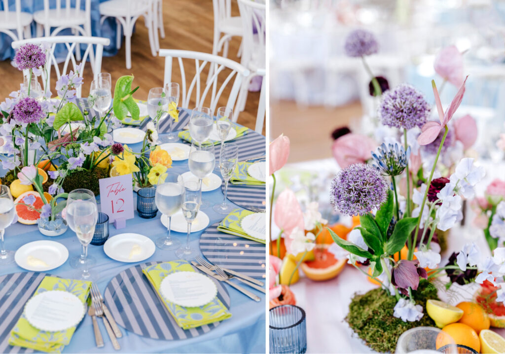 beautiful colorful wedding reception table decor and flowers by luxurious Philadelphia wedding photographer Emily Wren Photography