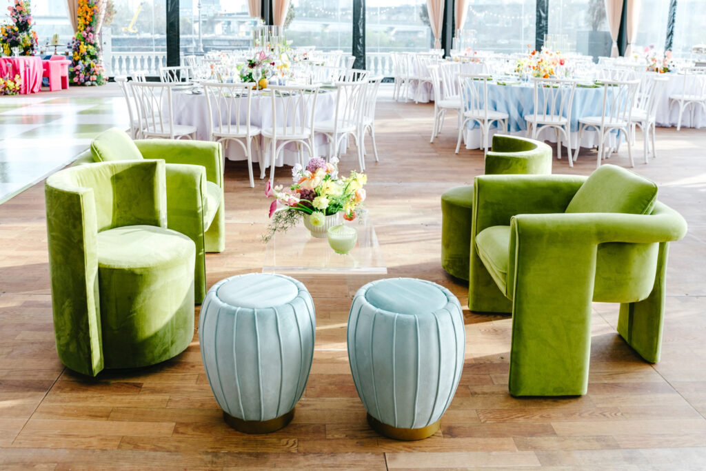colorful seating area at Cescaphe's Water Works wedding reception