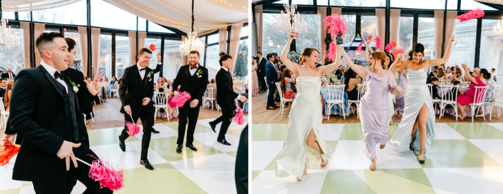 bridesmaids & groomsmen entering Cescaphe wedding reception with pom poms
