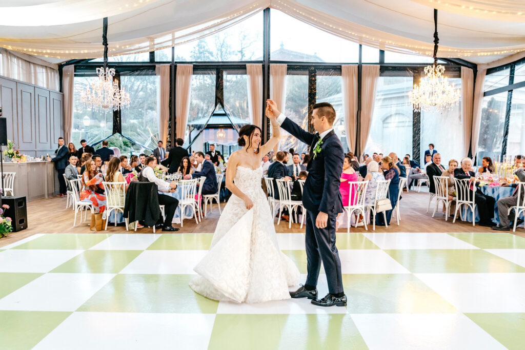bride & groom's first dance at their Cescaphe Water Works wedding reception