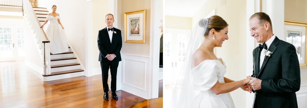 bride's first look with her father in her childhood New Jersey home