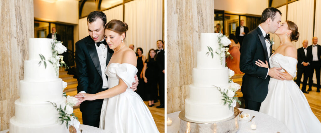 bride & groom cutting their 5 tier white wedding cake