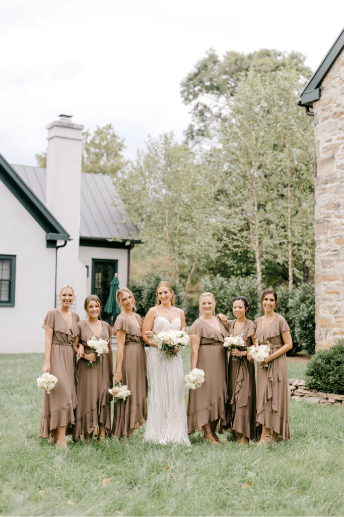 Pennsylvania bride with her bridesmaids in brown bridesmaid dresses