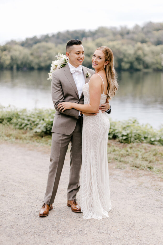 bride & groom portraits by the river by Pennsylvania wedding photographer Emily Wren Photography